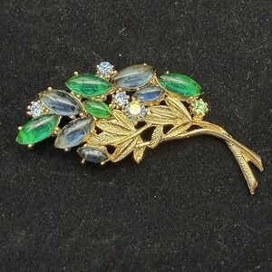 Vintage Floral Leaves Spray Brooch Blue & Green Marquise Cabochons & Rhinestones